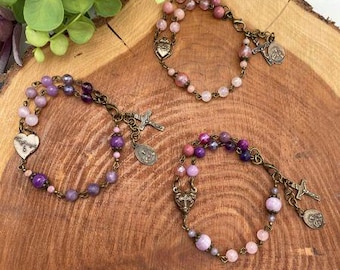 Bracelet - Rosary Bracelet, Wire-Wrapped Natural Gemstone Bracelet, Catholic Gift, Mothers Day Gift, Catholic Medal, Sacred Heart Medal