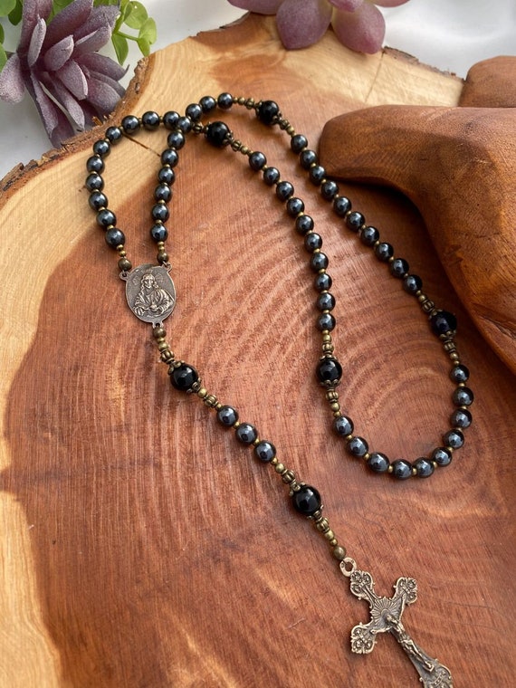 Rosary - Sacred Heart, Jesus Medal, Bronze Medal, Bronze Crucifix, Catholic Gift, Catholic Jewelry, Fathers Day Gift