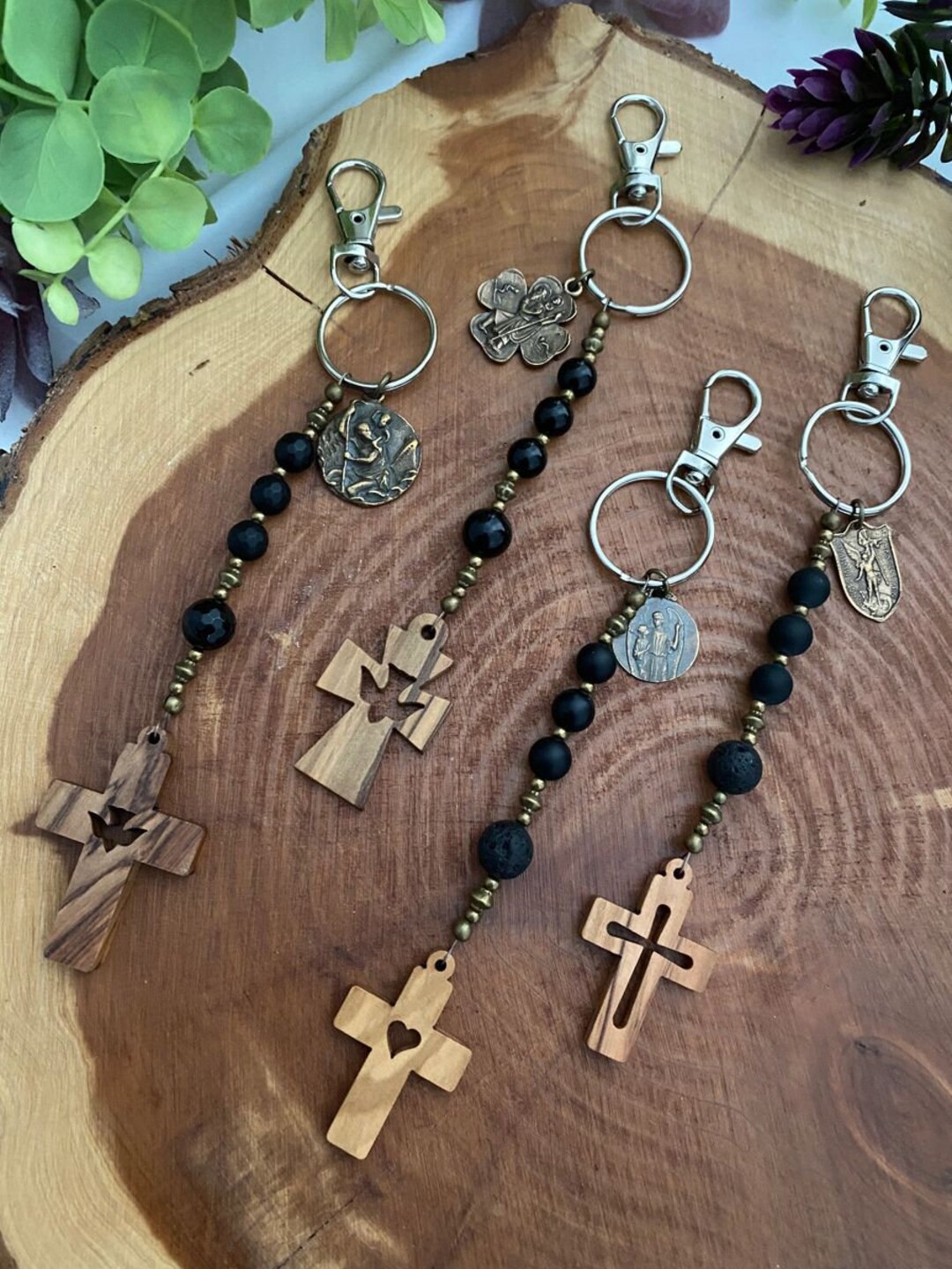 Keychain - Black Gemstones, Wood Cross, Catholic Gift, Catholic Jewelry ...