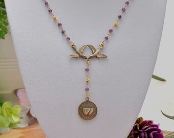 Necklace - Twin Sacred Heart -Amethyst Rosary Chain