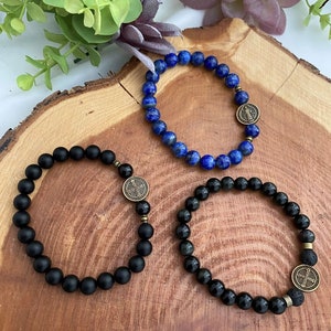 Bracelet - Men&#39;s Bracelet, Natural Gemstone Stretch Bracelet, Saint Benedict Medal, Saint Michael Medal, Catholic Jewelry, Fathers Day Gift