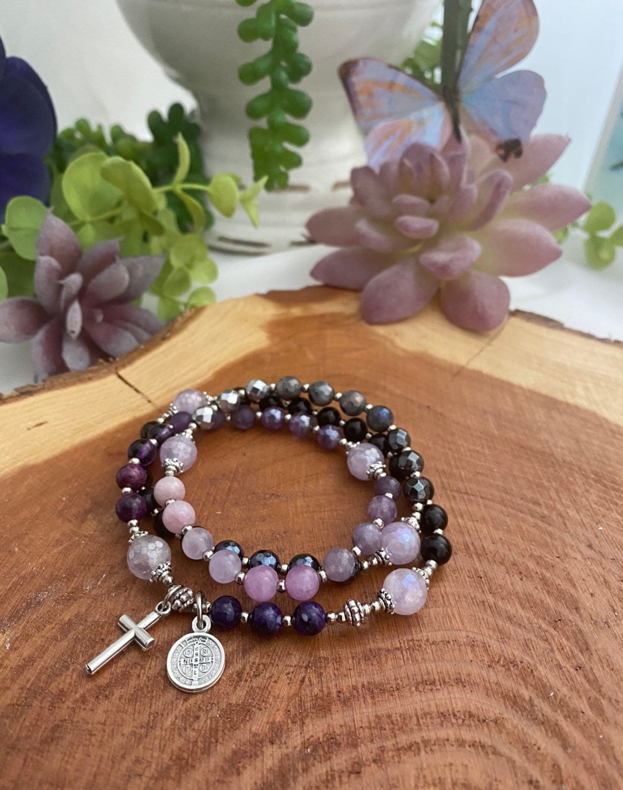 Rosary - Stretch Wrap Rosary, Saint Benedict, Catholic Medals, Stretch Bracelets, Rosary Bracelet, Gemstone Rosary, Silver Medal, Crucifix