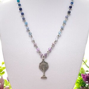 Necklace - First Communion, Gemstone Necklace, Catholic Gifts, Monstrance, Sterling Silver Medal, Catholic Jewelry, Christian Jewelry