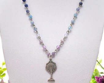 Necklace - First Communion, Gemstone Necklace, Catholic Gifts, Monstrance, Sterling Silver Medal, Catholic Jewelry, Christian Jewelry