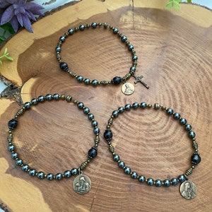 Bracelet - Rosary Bracelet - Stacking Bracelets, Catholic Jewelry, Catholic Gift, Men&#39;s Bracelet, Catholic Medal, Bronze Crucifix