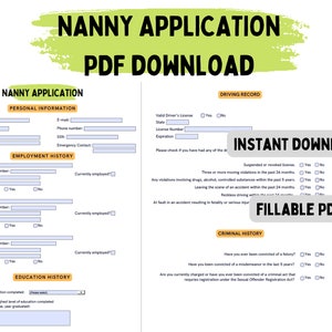 Téléchargement du PDF d'admission de la demande de nounou. formulaire à remplir PDF à accès instantané. Formulaire de collecte d'informations baby-sitter nounou
