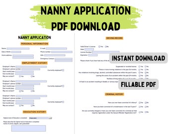 Nanny application intake PDF download. instant access PDF fillable form. Form for collecting babysitter nanny information