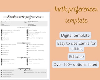 Birth plan preferences template - editable canva template