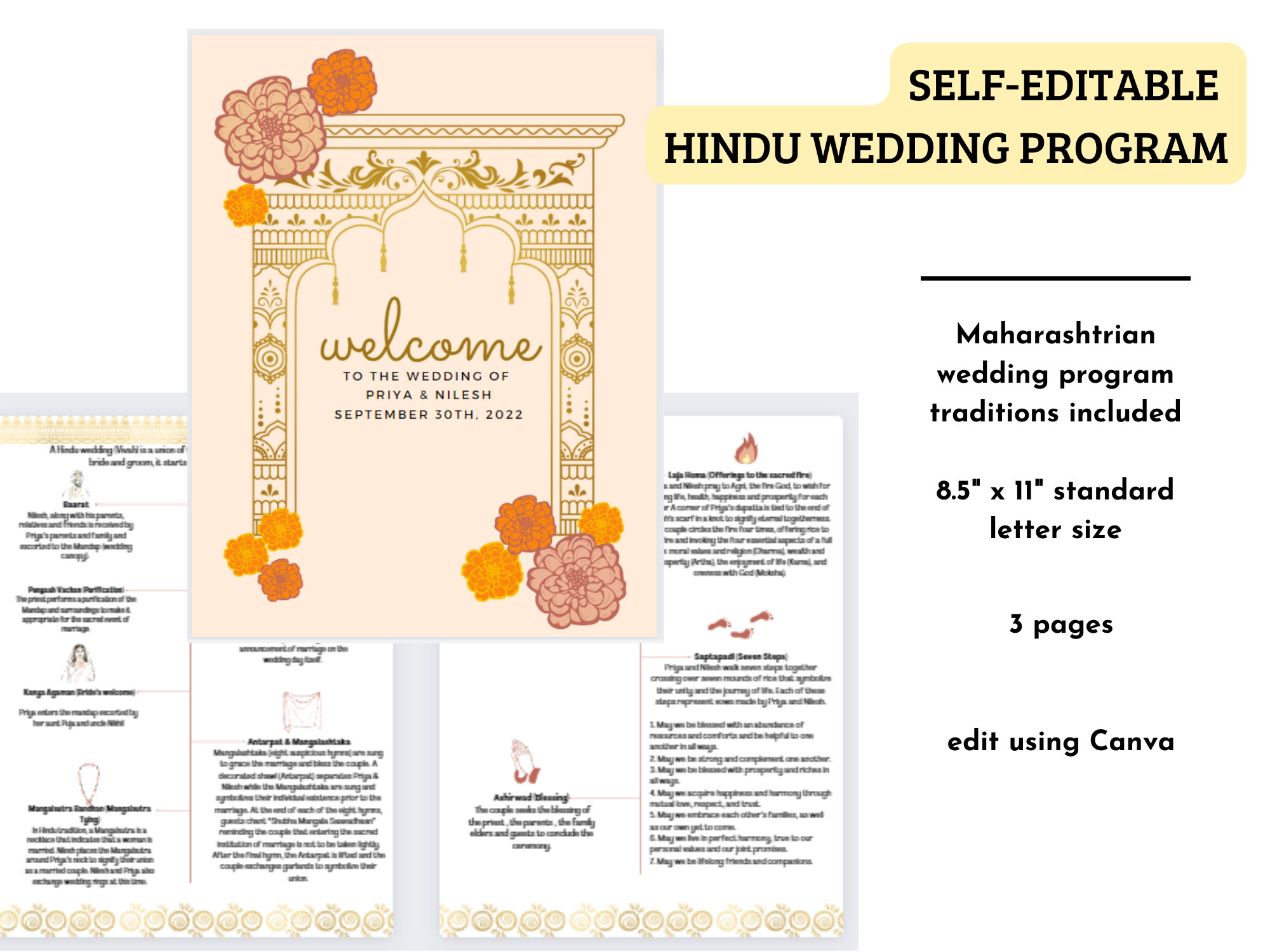 Maharashtrian & Marathi Lagna Wedding Program TEMPLATE as Hindu Wedding program, Marriage Program guide, Indian TEMPLATE, DIGITAL