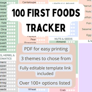100 First Foods Tracker für beginnende feste Stoffe - BLW Baby Led Weaning & traditionelles Absetzen.editable Template via canva
