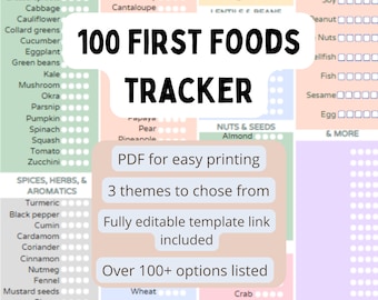 100 First Foods Tracker for starting solids  - BLW Baby Led Weaning & traditional weaning.editable template via canva