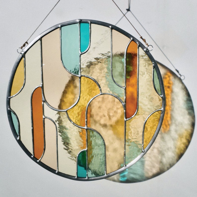 Retro stained glass window hangings ø11 inch, modern suncatcher, glass wall hanging image 6