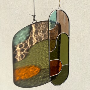 Modern olive stained glass suncatcher 11,5x3,5 inch, window hanging, glass wall decor image 6