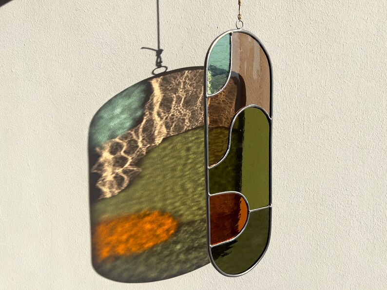 Modern olive stained glass suncatcher 11,5x3,5 inch, window hanging, glass wall decor image 6