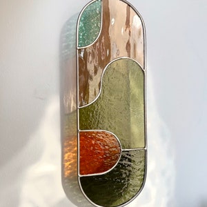 Modern olive stained glass suncatcher 11,5x3,5 inch, window hanging, glass wall decor image 5