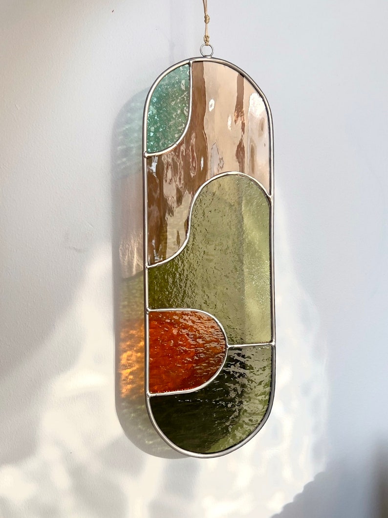 Modern olive stained glass suncatcher 11,5x3,5 inch, window hanging, glass wall decor image 5
