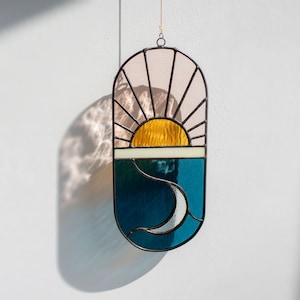 Sun and moon boho decor stained glass suncatcher, boho stained glass window hangings, crescent moon decor sunset decor