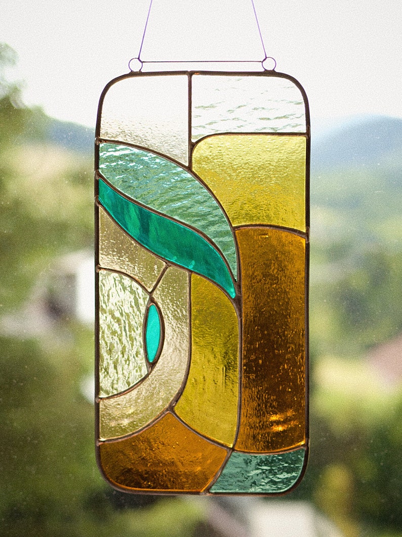 Retro stained glass window hangings 11x5 inch, modern suncatcher, glass wall hanging image 4