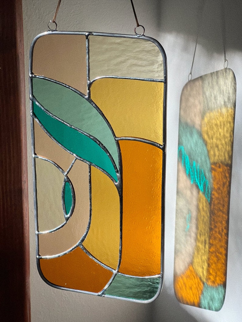 Retro stained glass window hangings 11x5 inch, modern suncatcher, glass wall hanging image 8