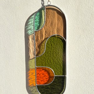 Modern olive stained glass suncatcher 11,5x3,5 inch, window hanging, glass wall decor image 2