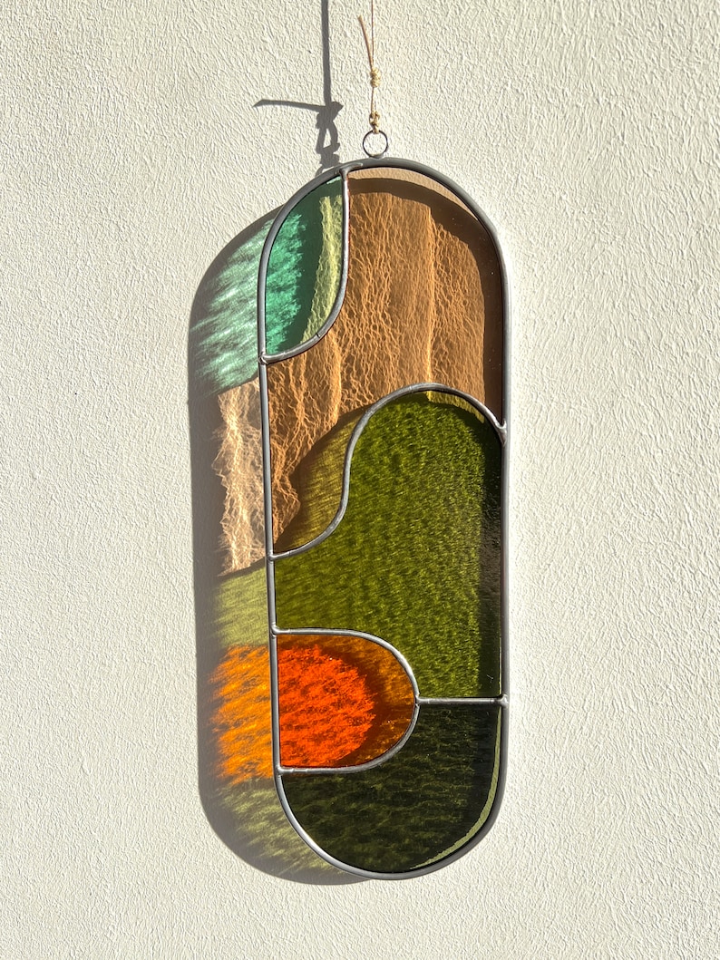 Modern olive stained glass suncatcher 11,5x3,5 inch, window hanging, glass wall decor image 2