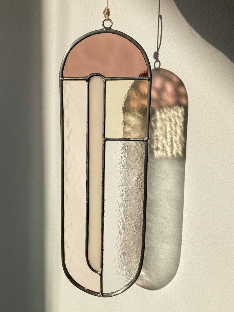Modern stained glass suncatcher in subdued colors, window decoration, glass wall hanging image 2