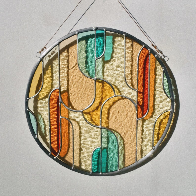 Retro stained glass window hangings ø11 inch, modern suncatcher, glass wall hanging image 2