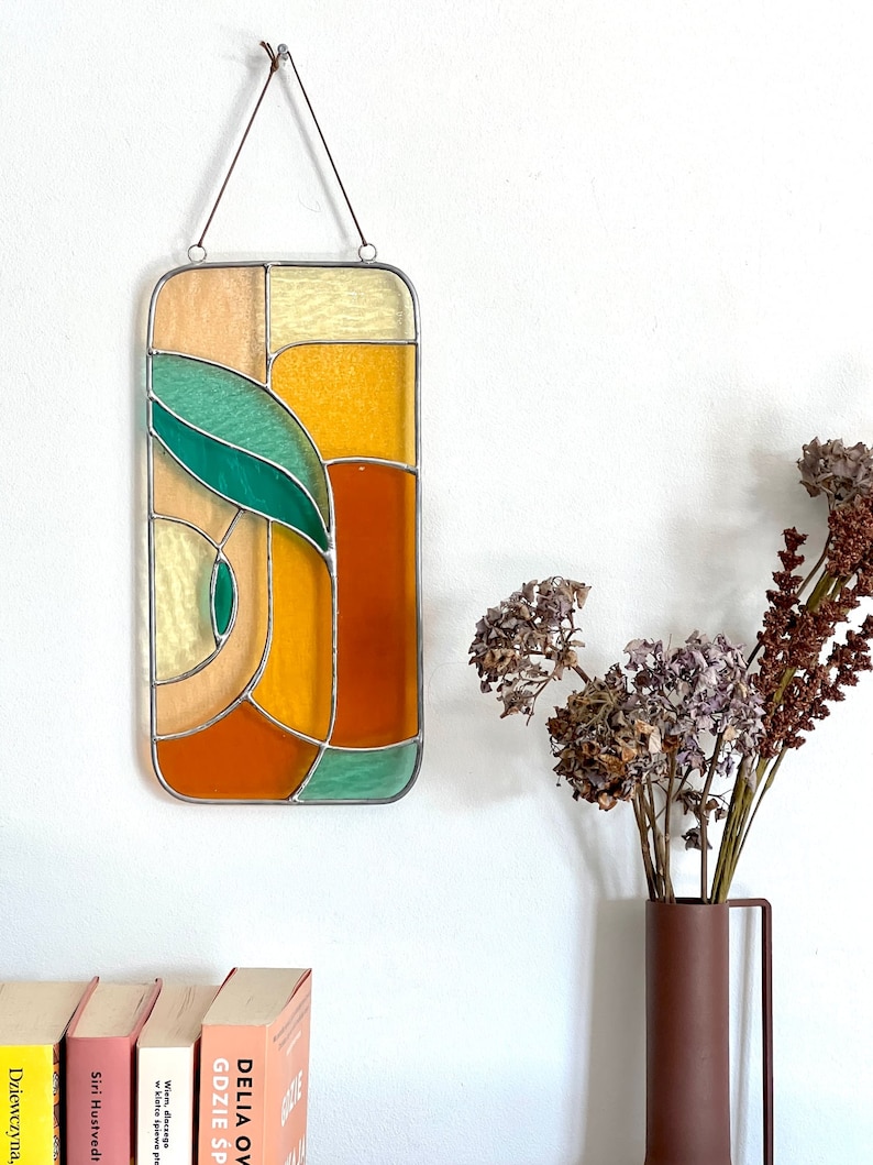 Retro stained glass window hangings 11x5 inch, modern suncatcher, glass wall hanging image 3