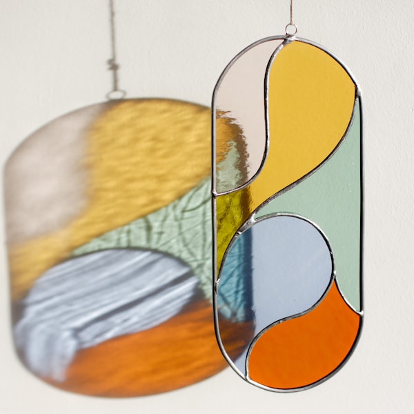 Abstract stained glass suncatcher, window decor, glass wall hanging, contemporary wall art