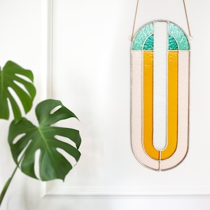 Housewarming Gift: Art Deco Style Stained Glass Window Hanging in Warm Colors 14x5inch