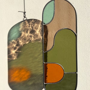 Modern olive stained glass suncatcher 11,5x3,5 inch, window hanging, glass wall decor image 4