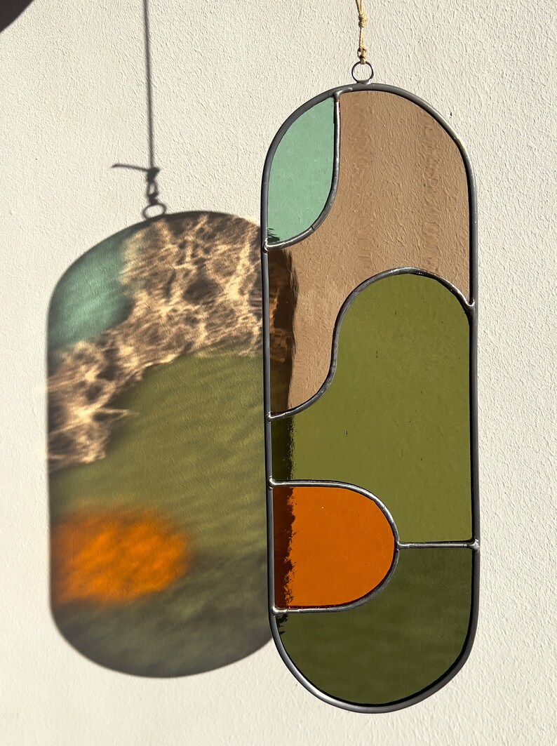 Modern olive stained glass suncatcher 11,5x3,5 inch, window hanging, glass wall decor image 4