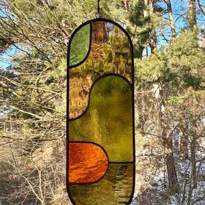 Modern olive stained glass suncatcher 11,5x3,5 inch, window hanging, glass wall decor image 10