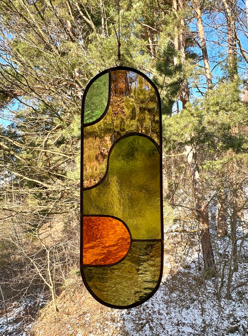 Modern olive stained glass suncatcher 11,5x3,5 inch, window hanging, glass wall decor image 10