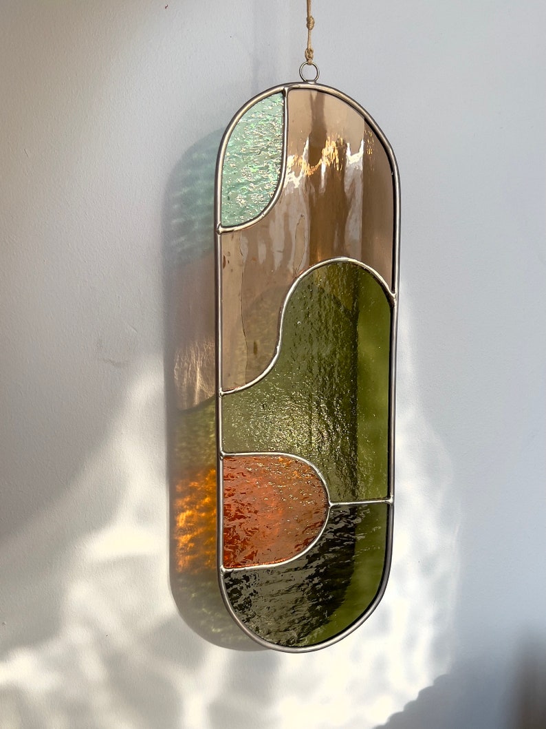 Modern olive stained glass suncatcher 11,5x3,5 inch, window hanging, glass wall decor image 7