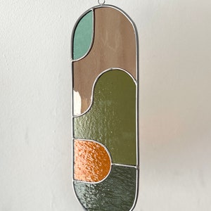 Modern olive stained glass suncatcher 11,5x3,5 inch, window hanging, glass wall decor image 9
