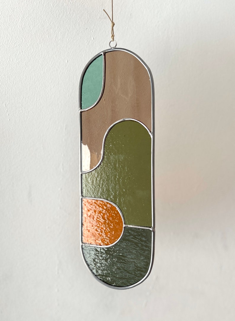 Modern olive stained glass suncatcher 11,5x3,5 inch, window hanging, glass wall decor image 9