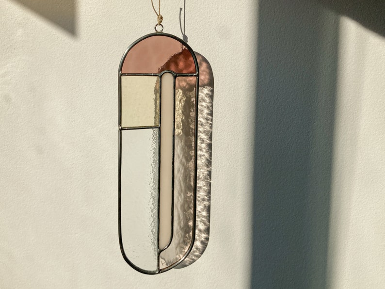 Modern stained glass suncatcher in subdued colors, window decoration, glass wall hanging image 1