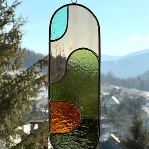 Modern olive stained glass suncatcher 11,5x3,5 inch, window hanging, glass wall decor image 3