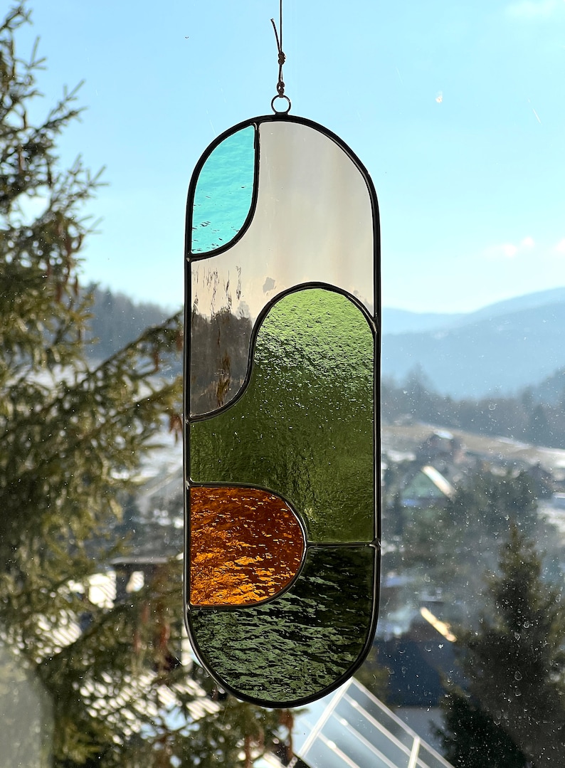 Modern olive stained glass suncatcher 11,5x3,5 inch, window hanging, glass wall decor image 3