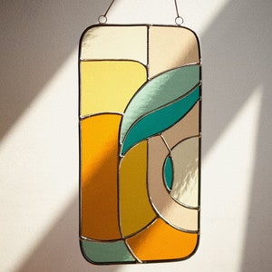 Retro stained glass window hangings 11x5 inch, modern suncatcher, glass wall hanging