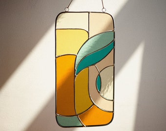 Retro stained glass window hangings 11x5 inch, modern suncatcher, glass wall hanging