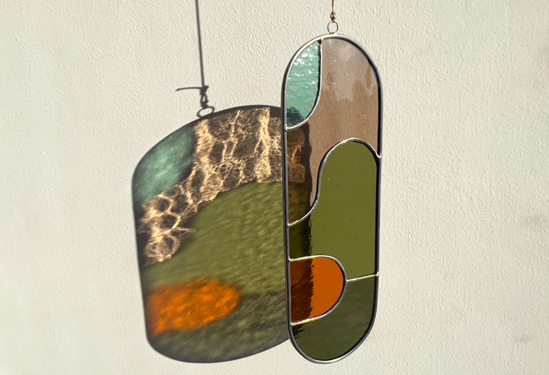 Modern olive stained glass suncatcher 11,5x3,5 inch, window hanging, glass wall decor image 8