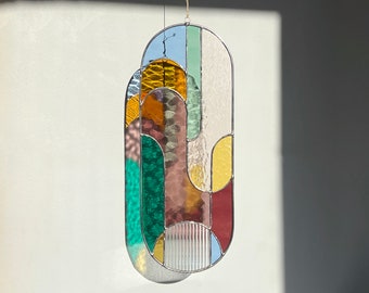 Large stained glass suncatcher 15x5,5 inch, modern window hanging, multicolor glass wall hanging