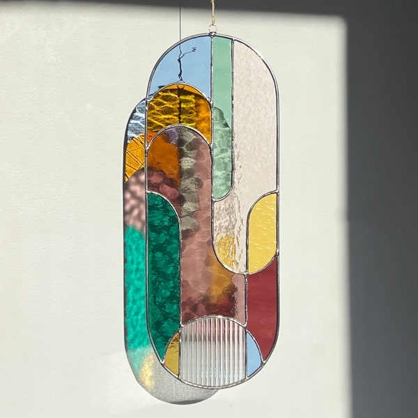 Großer Buntglas Sonnenfänger 40x14cm, Moderner Fensterschmuck, Wandbehang Bunt Glas