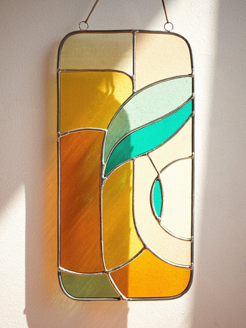 Retro stained glass window hangings 11x5 inch, modern suncatcher, glass wall hanging image 7