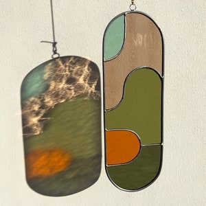 Modern olive stained glass suncatcher 11,5x3,5 inch, window hanging, glass wall decor image 1