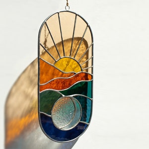 Sun and moon boho stained glass suncatcher, mountain window hangings, crescent moon decor sunset decor