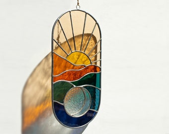 Boho Stained Glass Suncatcher: Sun, Moon & Mountain Window Hanging