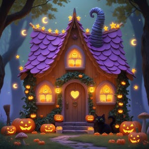 Halloween Witch Cottage Clipart: Fairy Tale Pumpkin House PNG (Digital Download